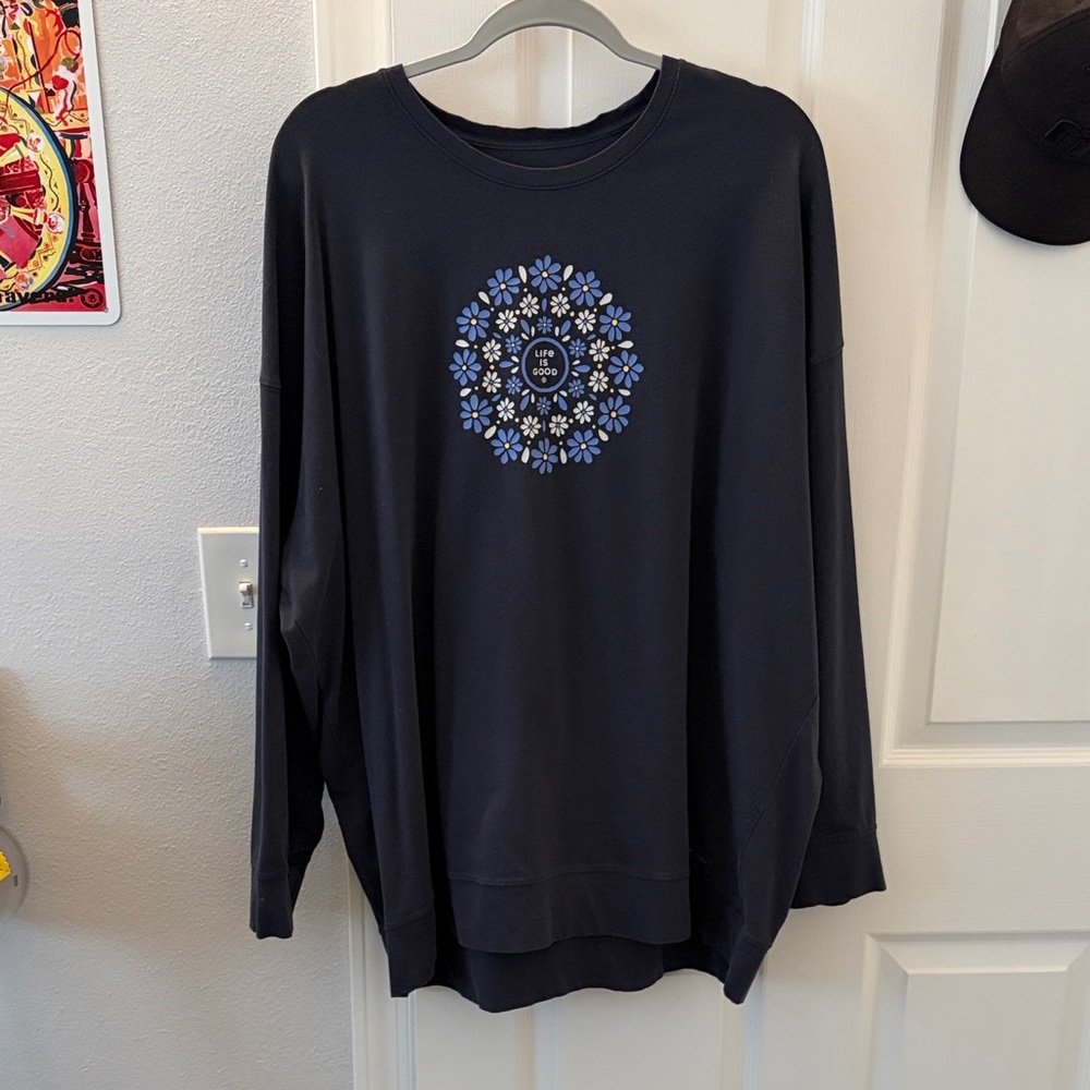 Life Is Good Long Sleeve Navy Sweater with Blue Floral Design
